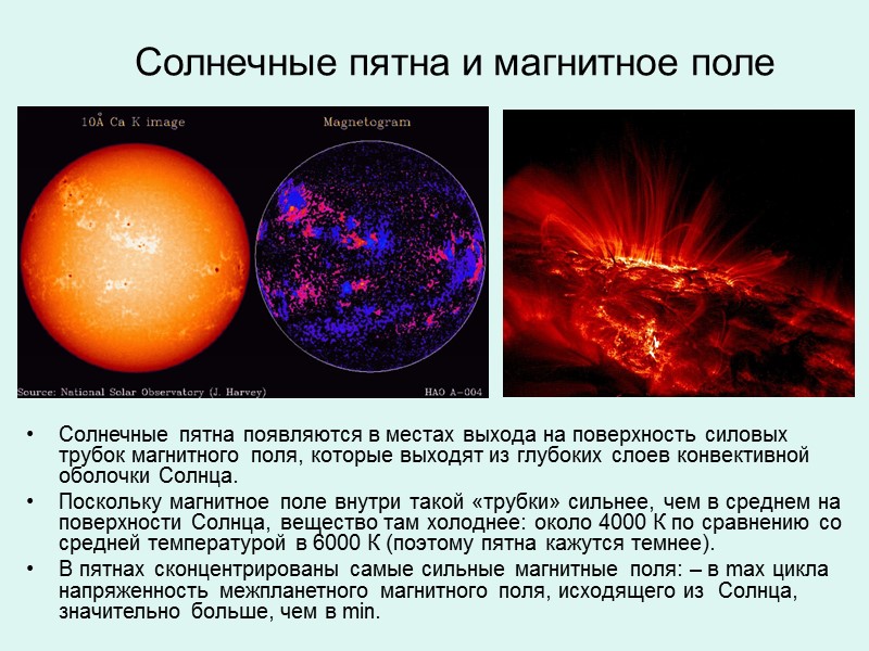 Солнечные пятна и магнитное поле   Солнечные пятна появляются в местах выхода на